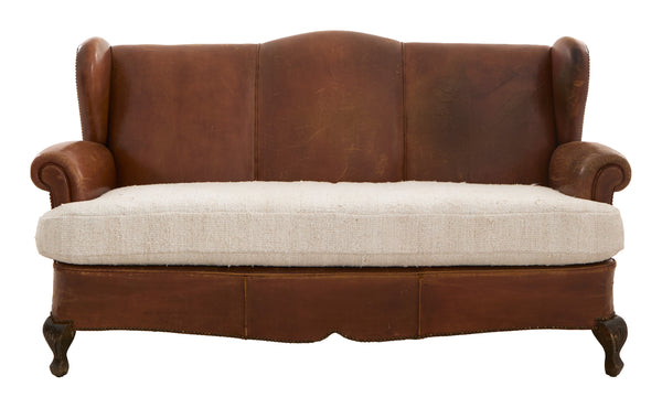 Antique Leather Wing Back Sofa