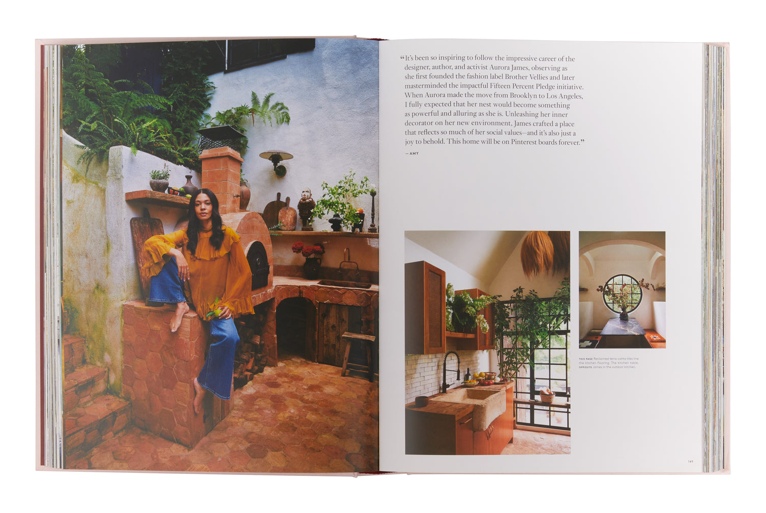 Open book showing a person in an outdoor setting with interior design images on the right.