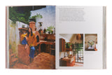 Open book showing a person in an outdoor setting with interior design images on the right.