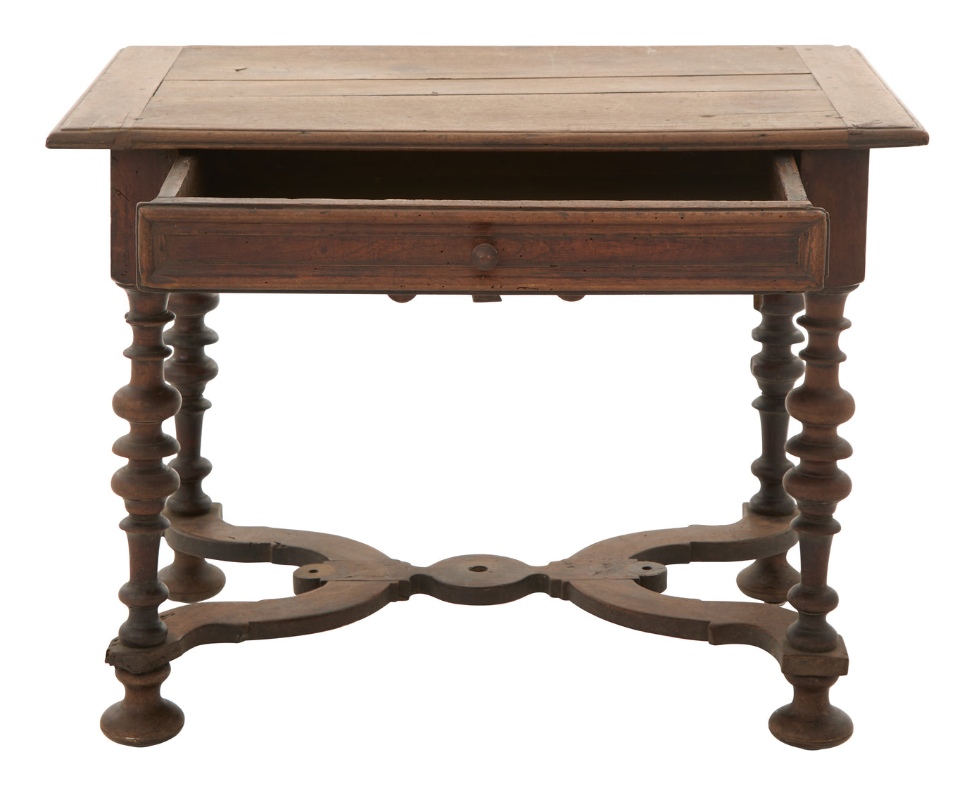 Wooden side table with a single drawer and decorative legs on a white background