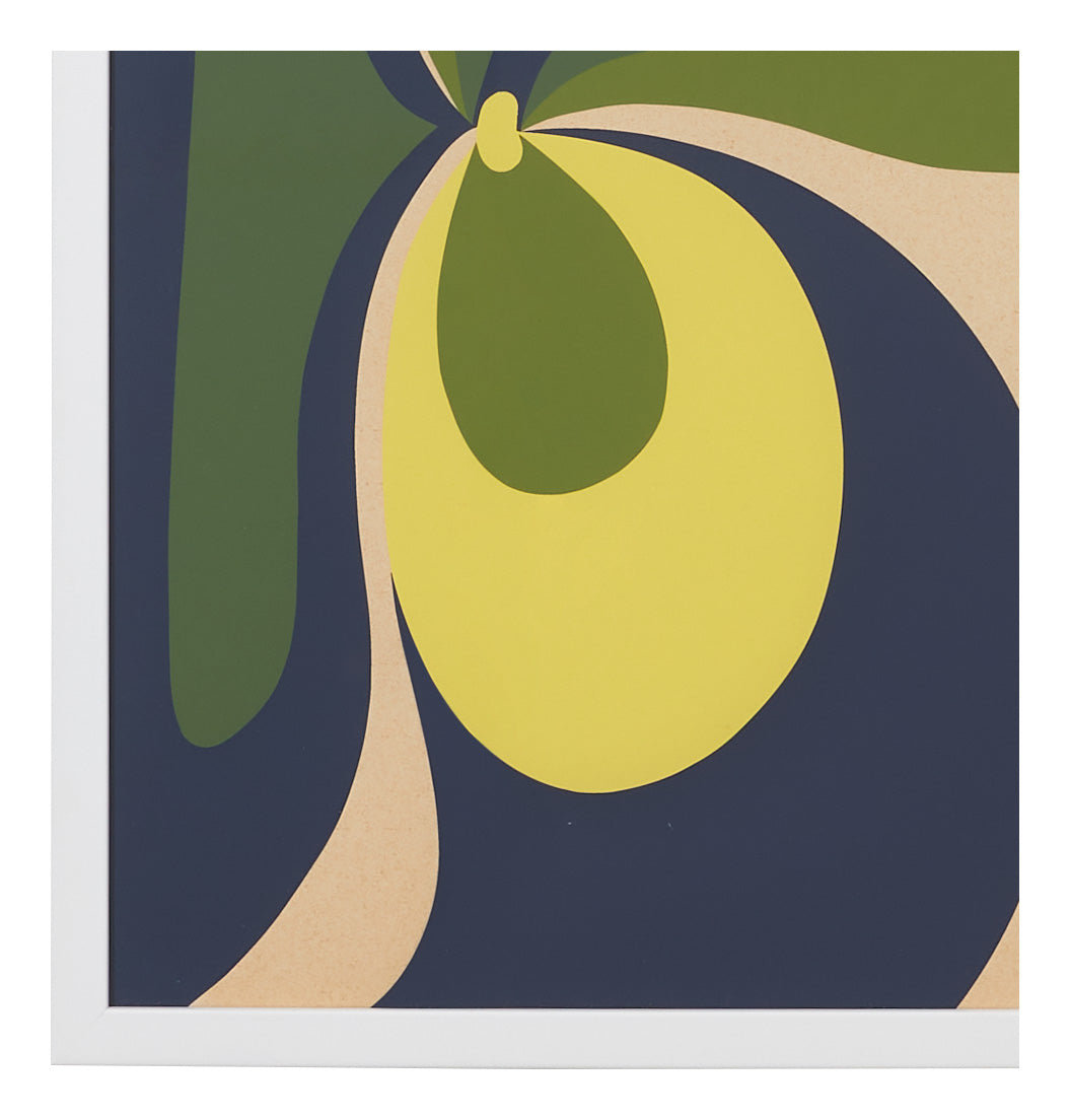 Closeup of a colorful abstract signed lithograph in green, yellow, blue, and beige