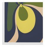 Closeup of a colorful abstract signed lithograph in green, yellow, blue, and beige