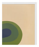 Closeup of a colorful abstract signed lithograph in green, yellow, blue, and beige