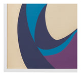 Closeup of a colorful abstract signed lithograph in dark blue, light blue, purple, and cream with a white frame.