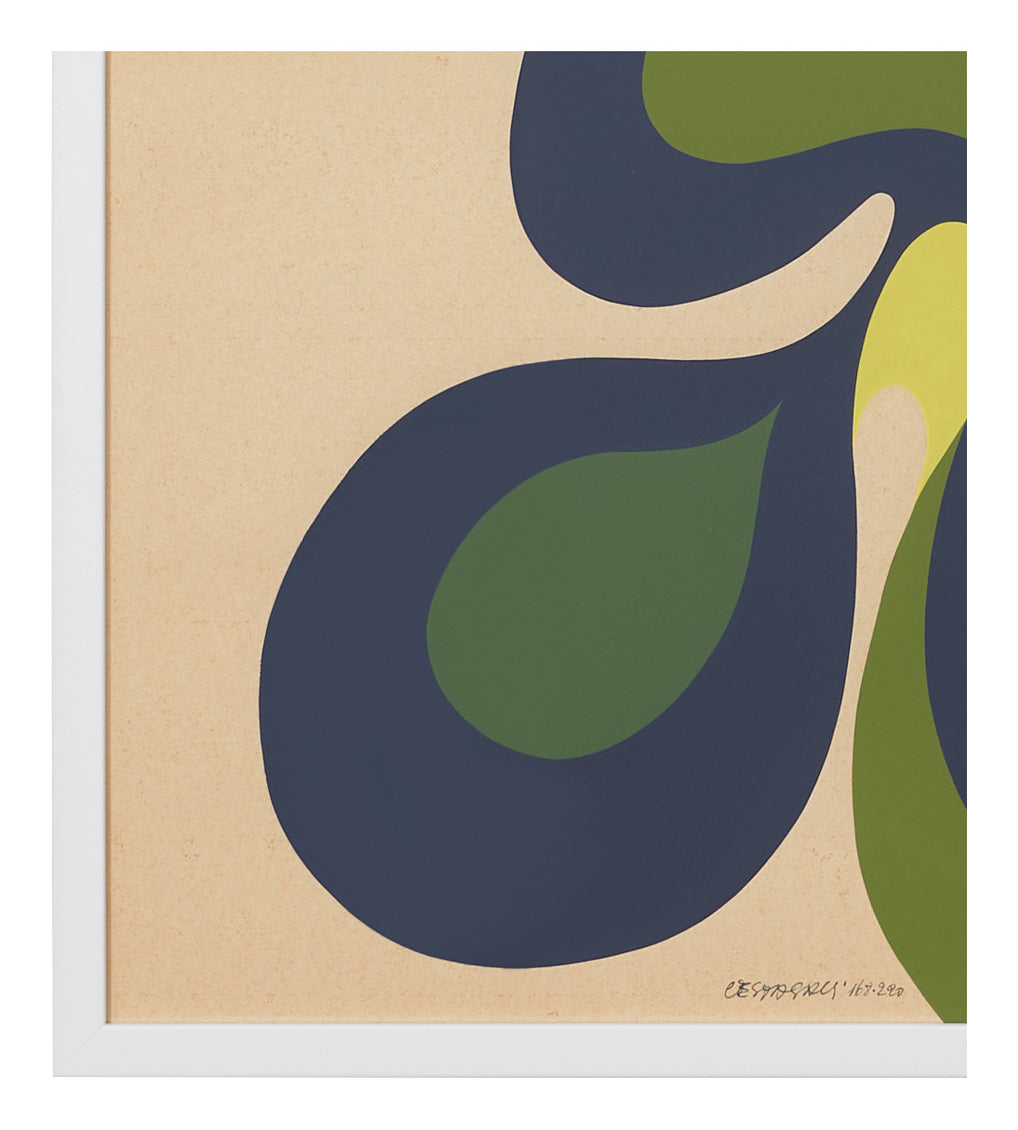 Closeup of a colorful abstract signed lithograph in green, dark blue, yellow, and cream on a white frame.