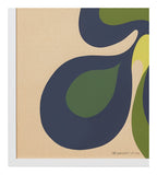 Closeup of a colorful abstract signed lithograph in green, dark blue, yellow, and cream on a white frame.