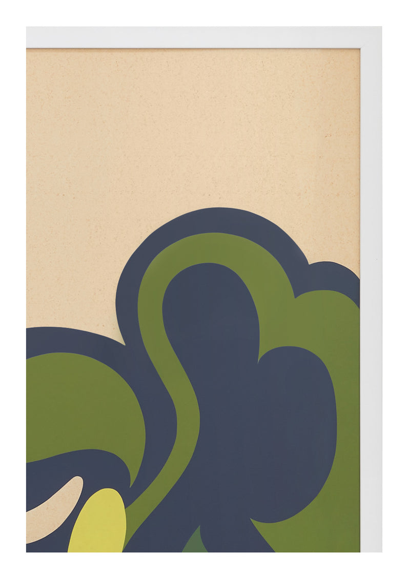 Closeup of a colorful abstract signed lithograph in green, dark blue, yellow, and cream on a white frame.